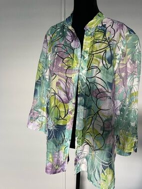 Floral Watercolor Button-Front Sheer Blouse with 3/4 Sleeve SZ 14